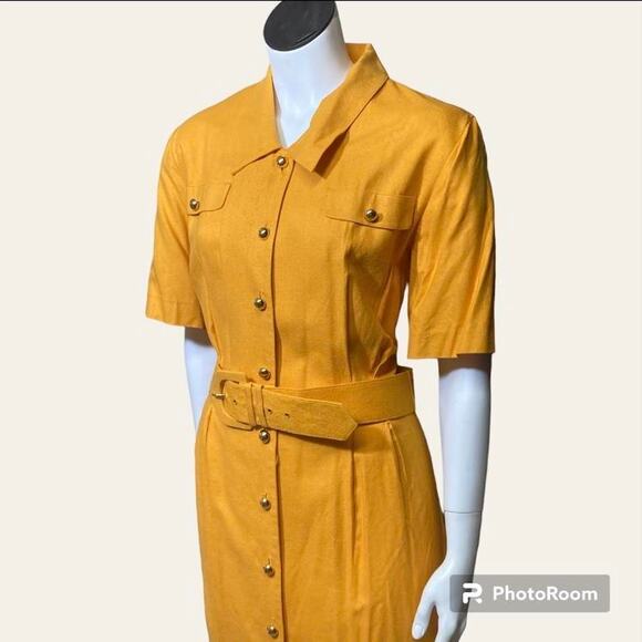 Vintage Yellow Button Down Belted Shirt Dress Size 10 100% silk - Picture 4 of 7